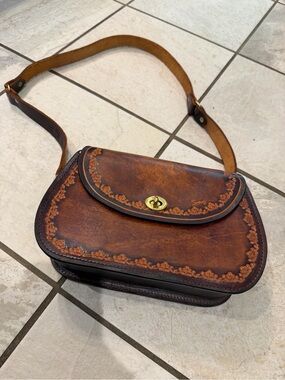 Vintage-Inspired Brown Leather Floral Embossed Leather Shoulder Bag